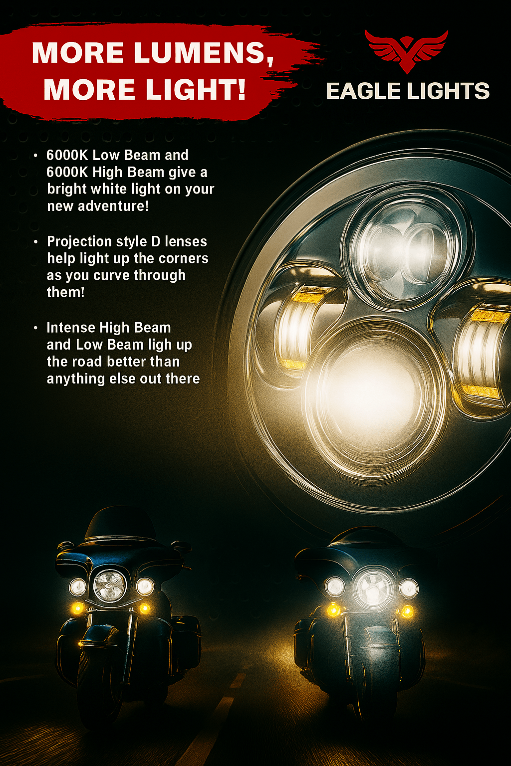 Eagle Lights 7" LED Headlight and 4.5" LED Passing Light Kit for Harley-Davidson® and Indian® Motorcycles - Generation I / Chrome