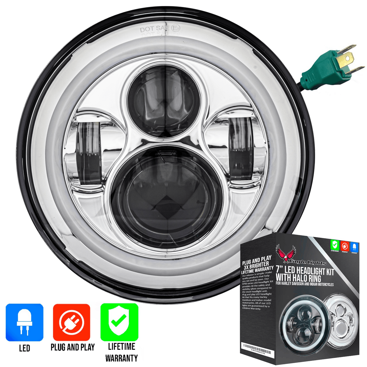 Eagle Lights 7" LED Headlight with LED Halo Ring for Harley-Davidson® and Indian® Motorcycles - Generation I / Chrome Kit