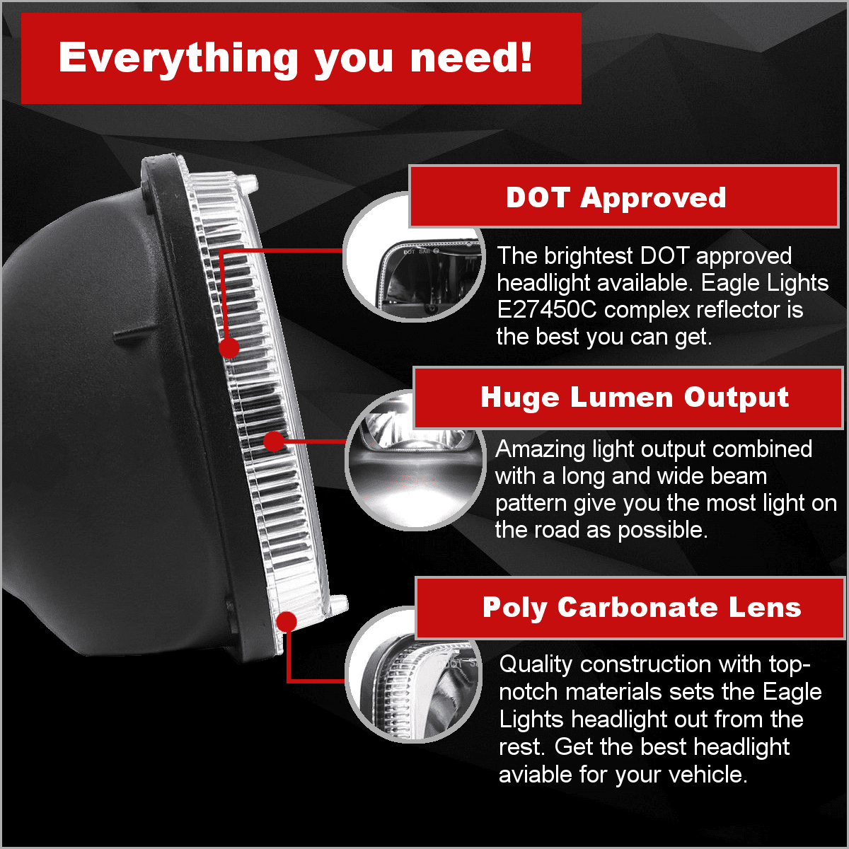 5 X 7 LED Headlights - Eagle Lights Complex Reflector 5 X 7 LED Headlight W/ Negative Harness For Toyota Models