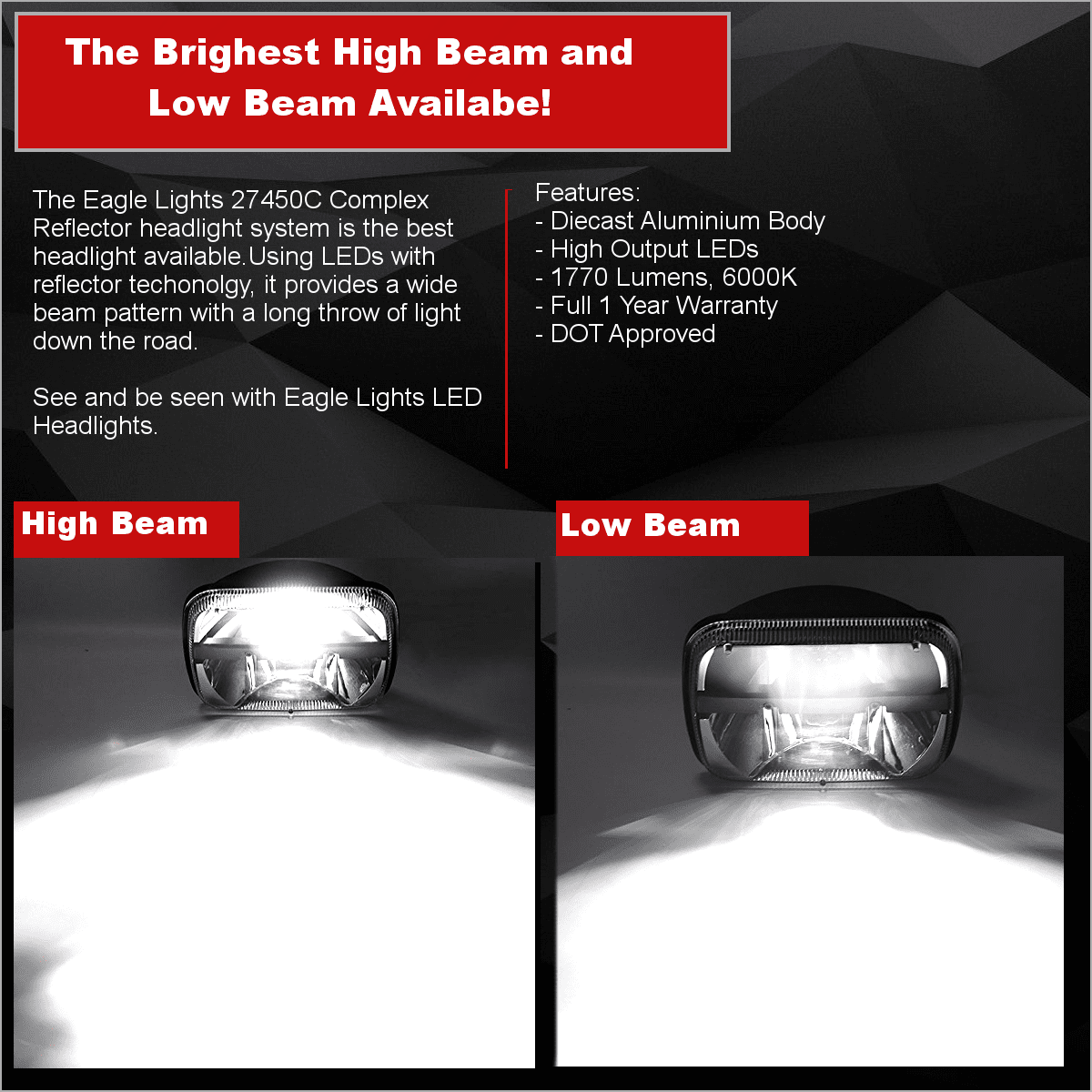5 X 7 LED Headlights - Eagle Lights Complex Reflector 5 X 7 LED Headlight W/ Negative Harness For Toyota Models