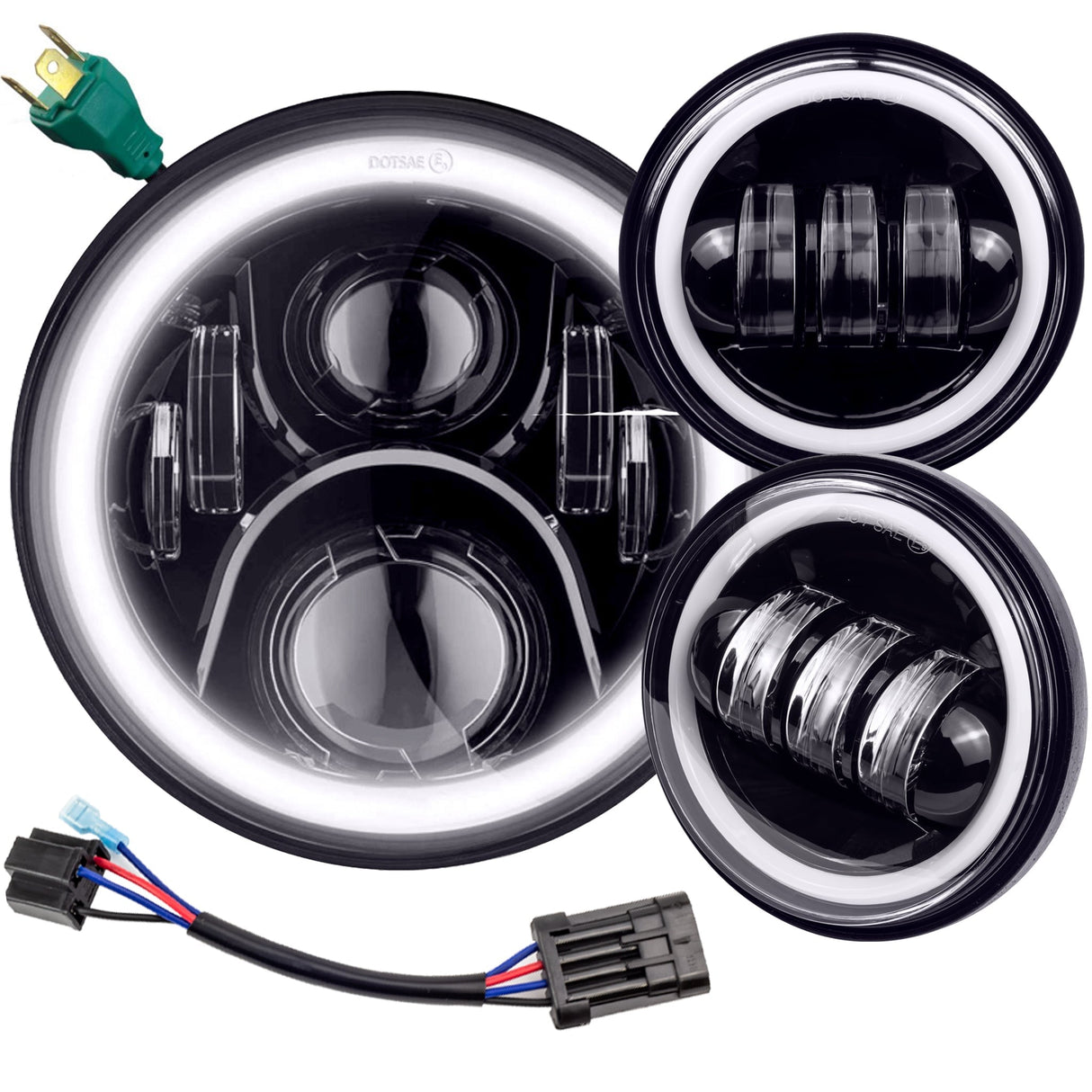 Eagle Lights 7" LED Headlight and 4.5" LED Passing Light Kit with Halo Rings for Harley-Davidson® and Indian Motorcycles - Generation II / Black / Halo Ring