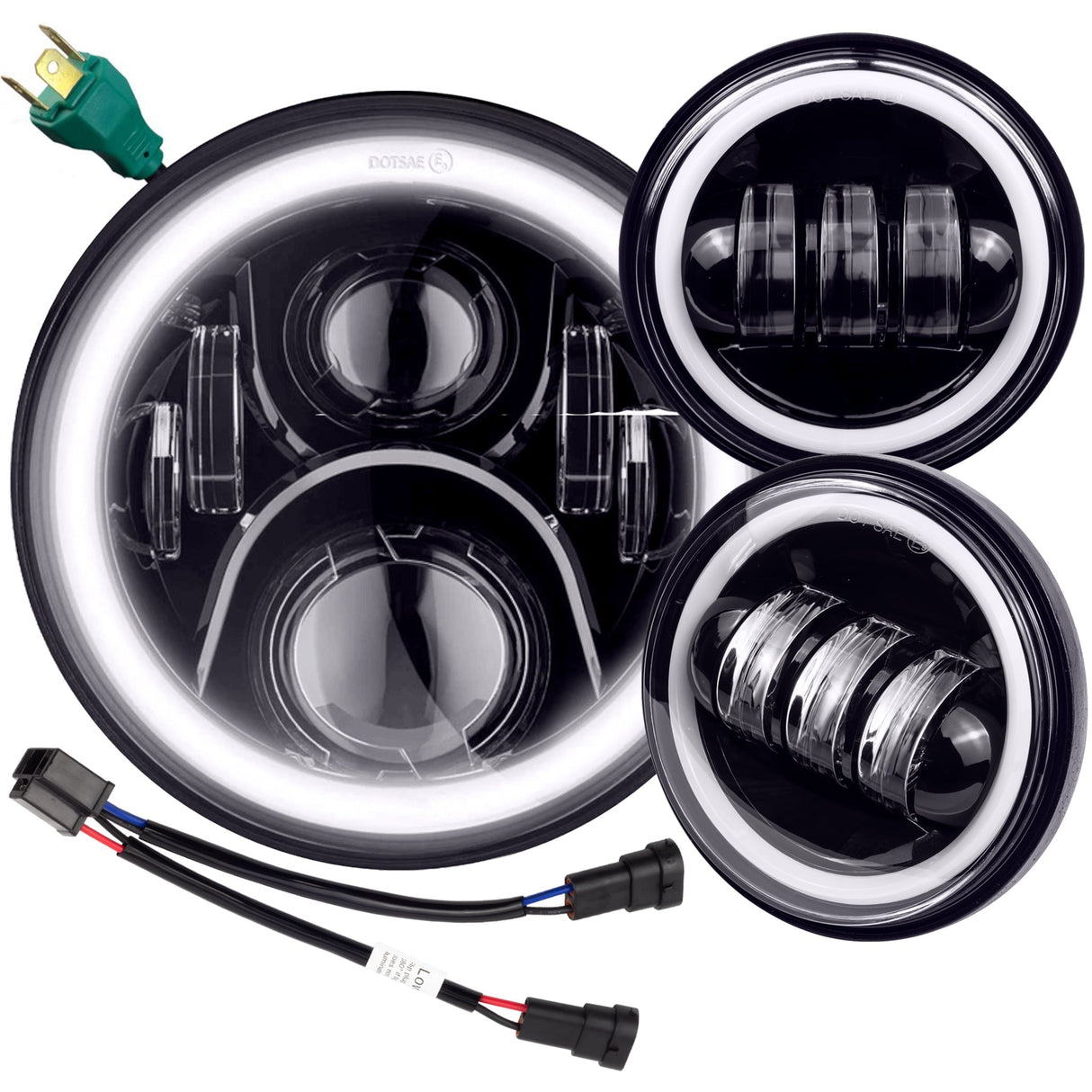 Eagle Lights 7" LED Headlight and 4.5" LED Passing Light Kit with Halo Rings for Harley-Davidson® and Indian Motorcycles - Generation II / Black / Halo Ring