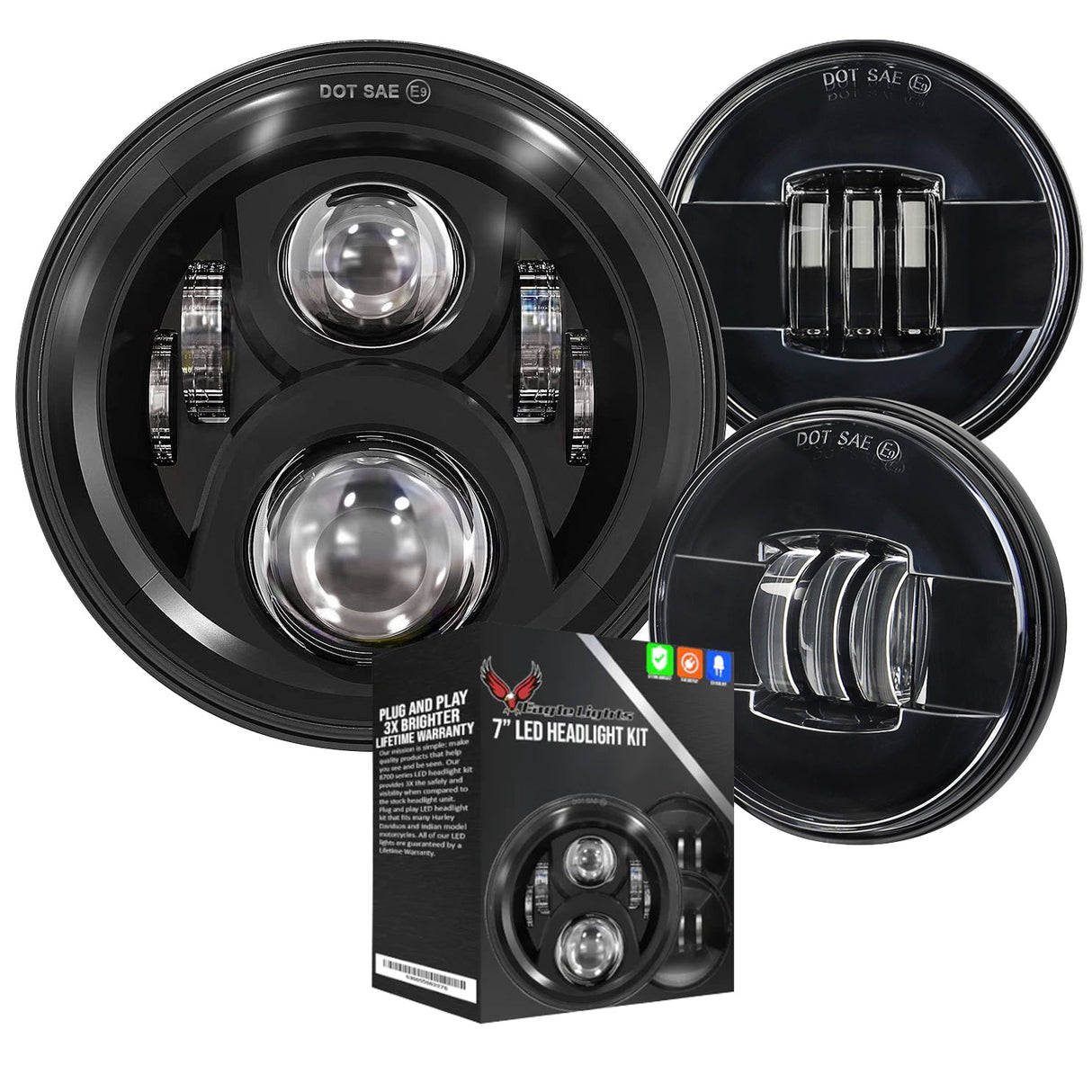 Eagle Lights 7" LED Headlight and 4.5" LED Passing Light Kit for Harley-Davidson® and Indian® - Generation II / Black