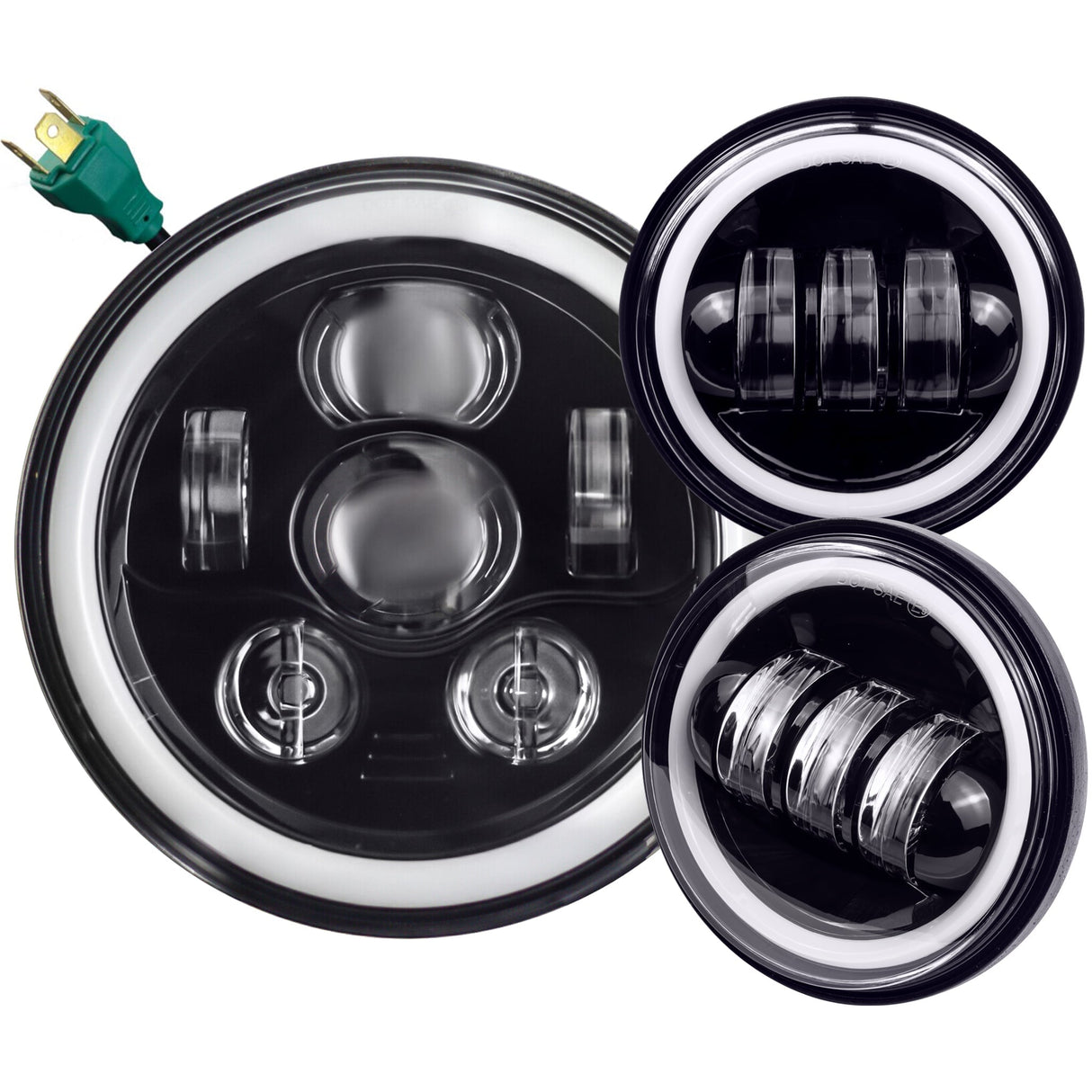 Eagle Lights 7" LED Headlight and 4.5" LED Passing Light Kit with Halo Rings for Harley-Davidson® & Indian® Motorcycles - Generation III / Black / Halo Ring