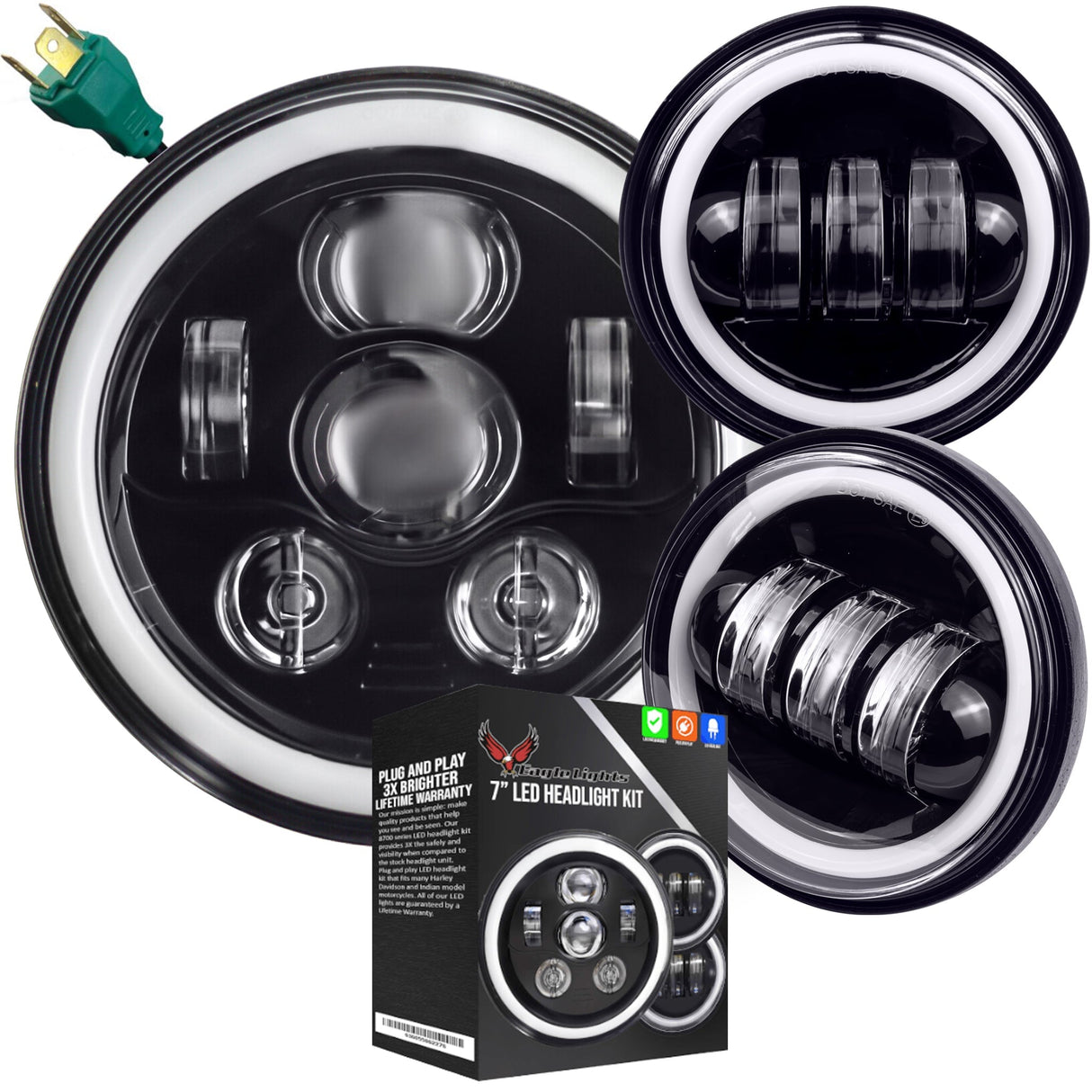 Eagle Lights 7" LED Headlight and 4.5" LED Passing Light Kit with Halo Rings for Harley-Davidson® & Indian® Motorcycles - Generation III / Black / Halo Ring