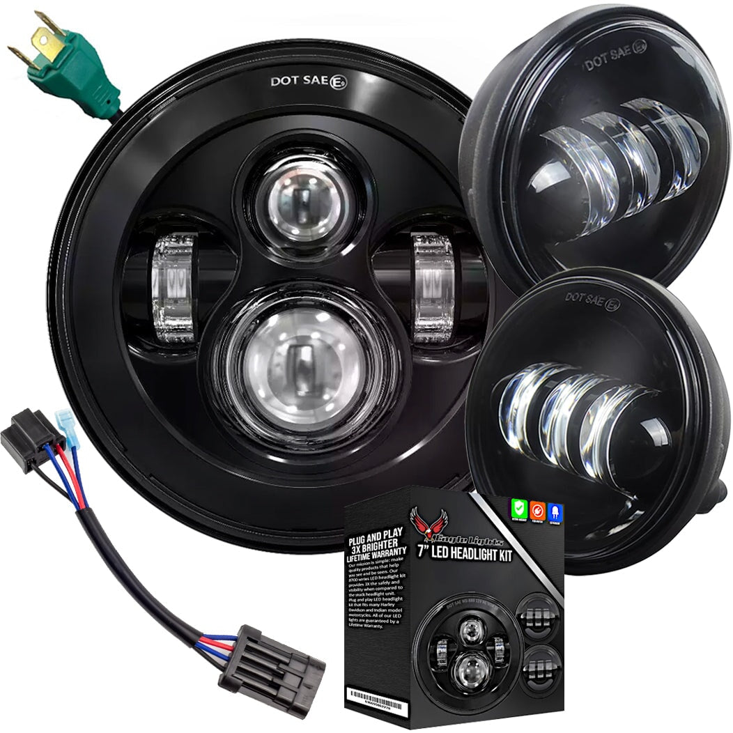 Eagle Lights 7" LED Headlight and 4.5" LED Passing Light Kit for Harley-Davidson® and Indian® Motorcycles - Generation I / Black