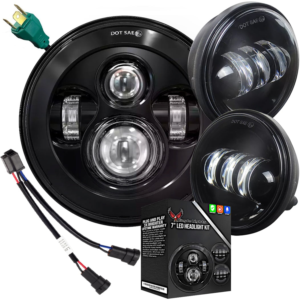 Eagle Lights 7" LED Headlight and 4.5" LED Passing Light Kit for Harley-Davidson® and Indian® Motorcycles - Generation I / Black