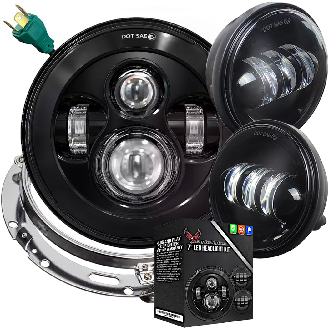 Eagle Lights 7" LED Headlight and 4.5" LED Passing Light Kit for Harley-Davidson® and Indian® Motorcycles - Generation I / Black