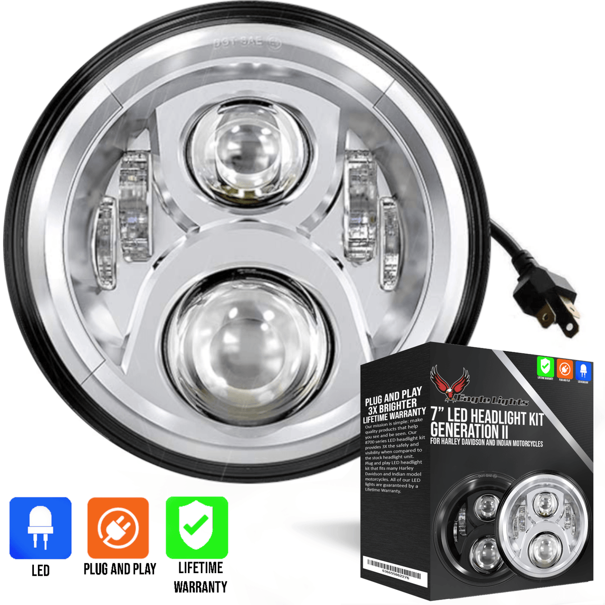 Eagle Lights 7" LED Headlight For Harley-Davidson® and Indian® Motorcycles - Chrome / Generation II