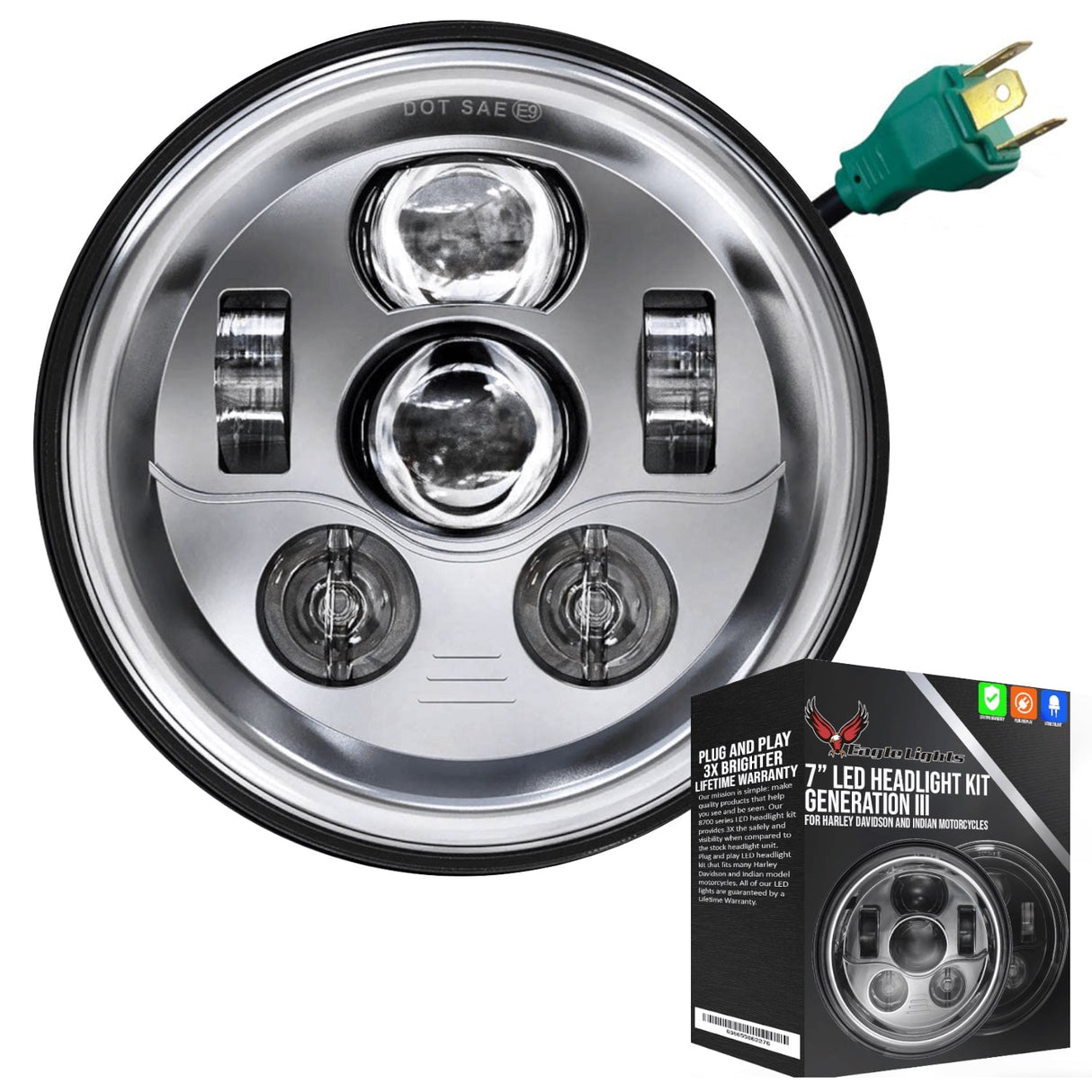 Eagle Lights 7" LED Headlight Kit for Harley-Davidson® and Indian® Motorcycles - Generation III / Chrome