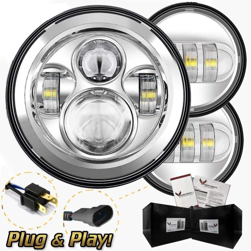 7” LED Headlight And Passing Lights - Eagle Lights Chrome 7" Round LED Headlight With Matching Chrome Passing Lamps For Street Glide, Electra Glide And Harley Davidson Models With Radios
