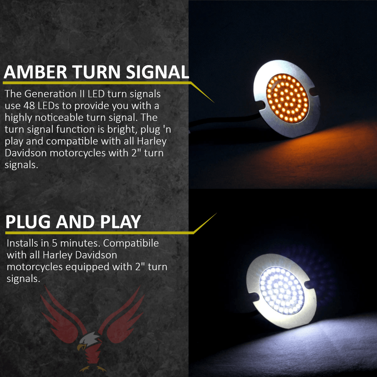 Eagle Lights 3 1/4" Front and Rear LED Turn Signal Kit For Harley-Davidson® Motorcycles - Generation II / Amber Rear Turn Signals