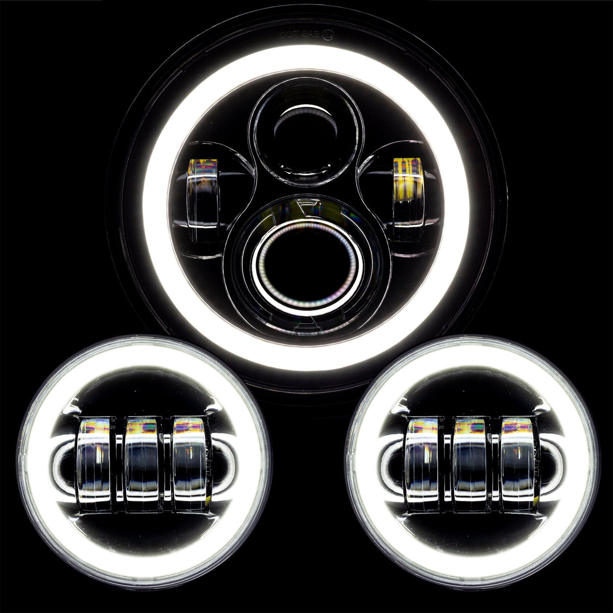 Eagle Lights 7" LED Headlight and 4.5" LED Passing Light Kit with Halo Rings for Harley-Davidson® and Indian® Motorcycles - Generation I / Black