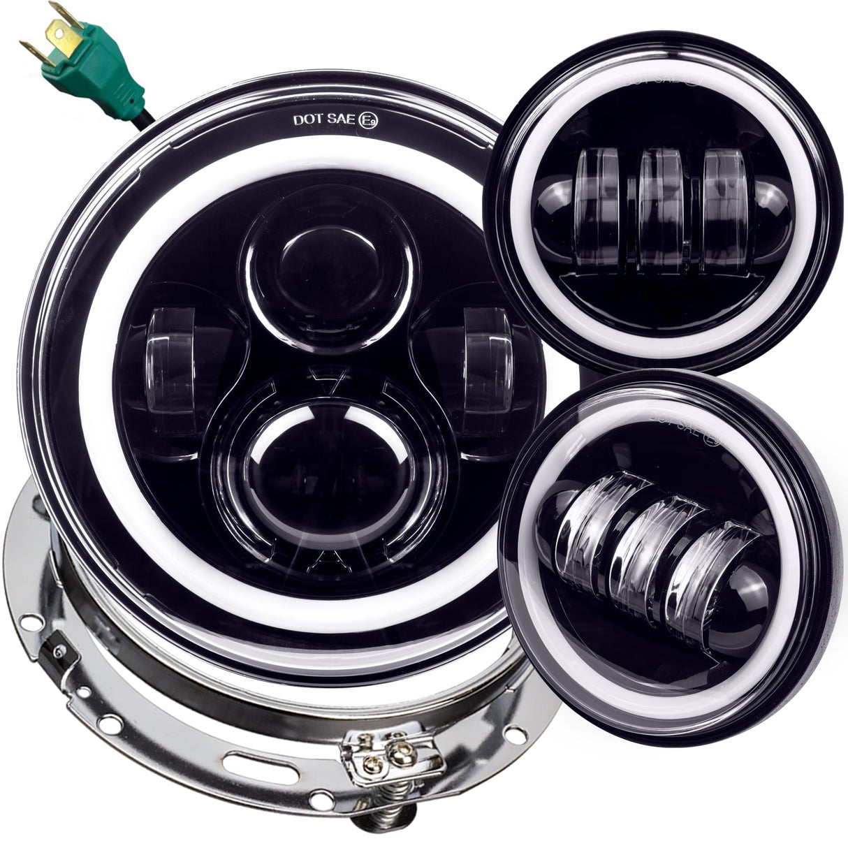 Eagle Lights 7" LED Headlight and 4.5" LED Passing Light Kit with Halo Rings for Harley-Davidson® and Indian® Motorcycles - Generation I / Black