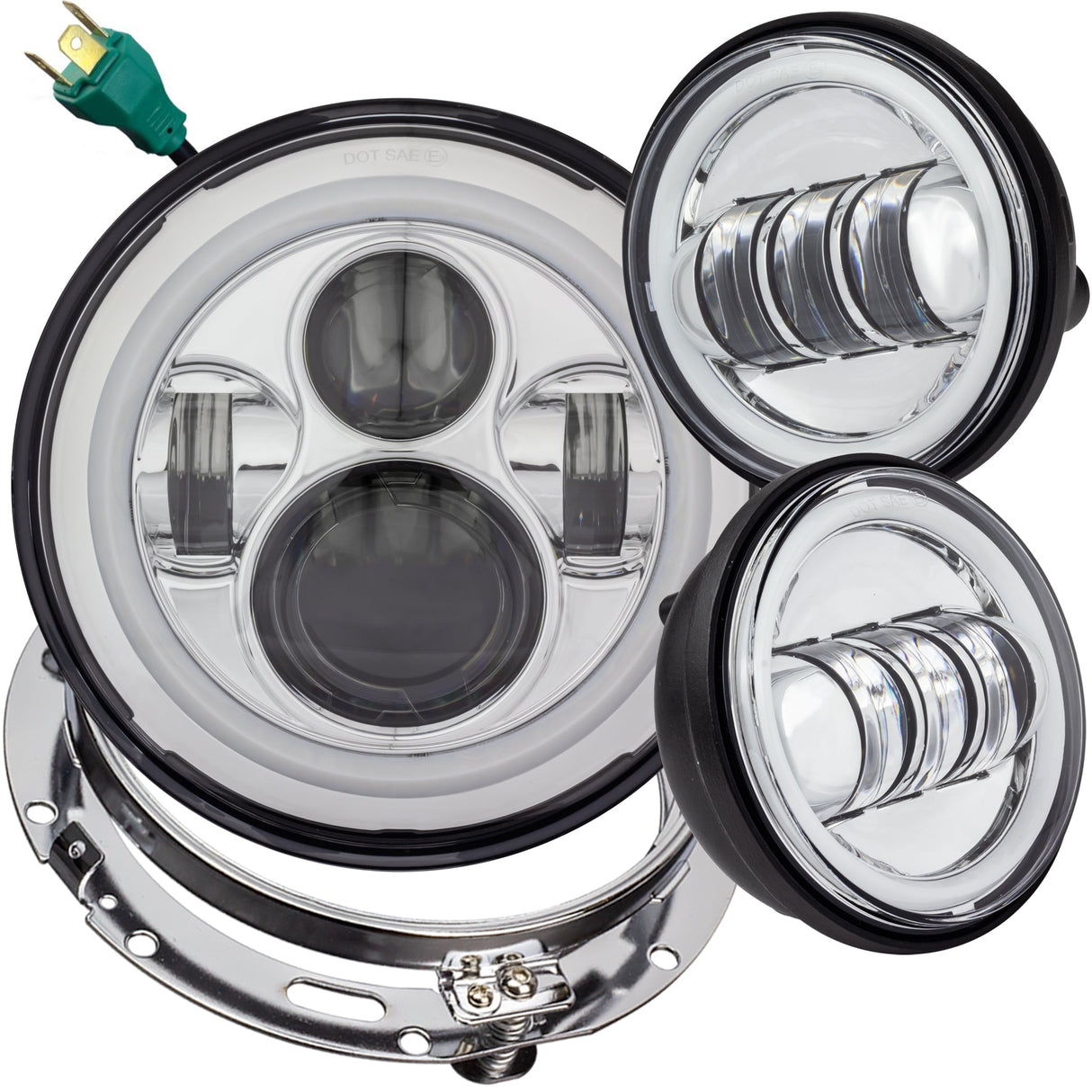 Eagle Lights 7" LED Headlight and 4.5" LED Passing Light Kit with Halo Rings for Harley-Davidson® and Indian Motorcycles - Generation I / Chrome