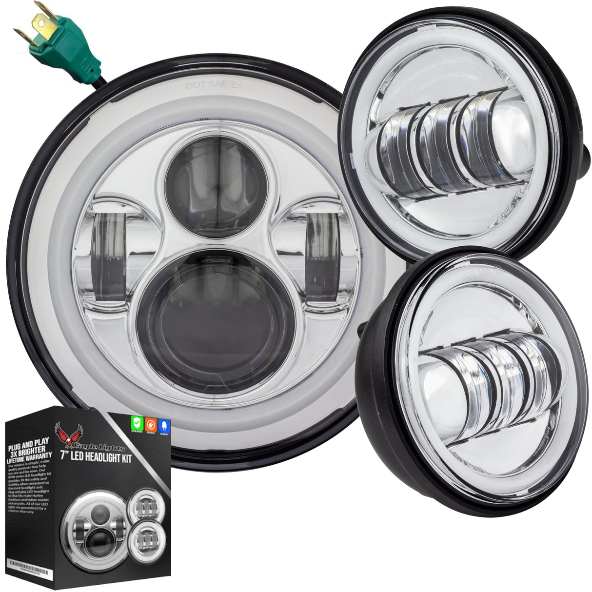 Eagle Lights 7" LED Headlight and 4.5" LED Passing Light Kit with Halo Rings for Harley-Davidson® and Indian Motorcycles - Generation I / Chrome