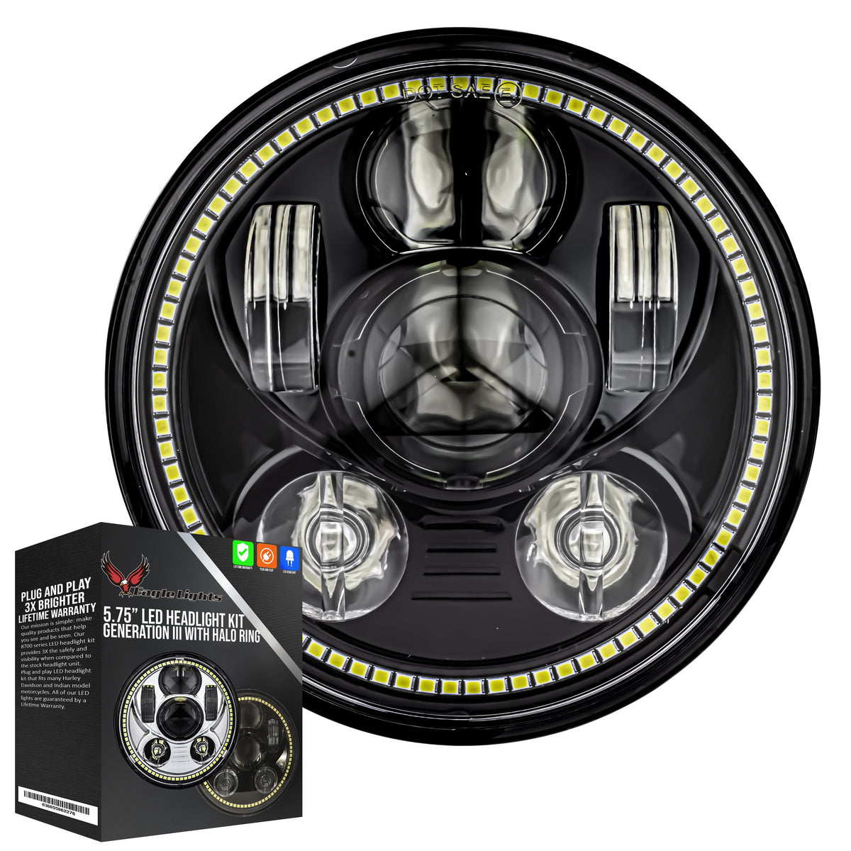 Eagle Lights 5 3/4" LED Headlight Kit with Halo Ring for Harley Davidson and Indian Motorcycles - Generation III / Black