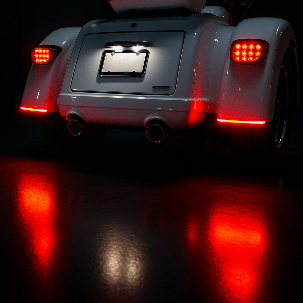 LED fender blade brake light for a Harley Trike motorcycle, featuring a sleek design with red illuminated lights visible in the image.
