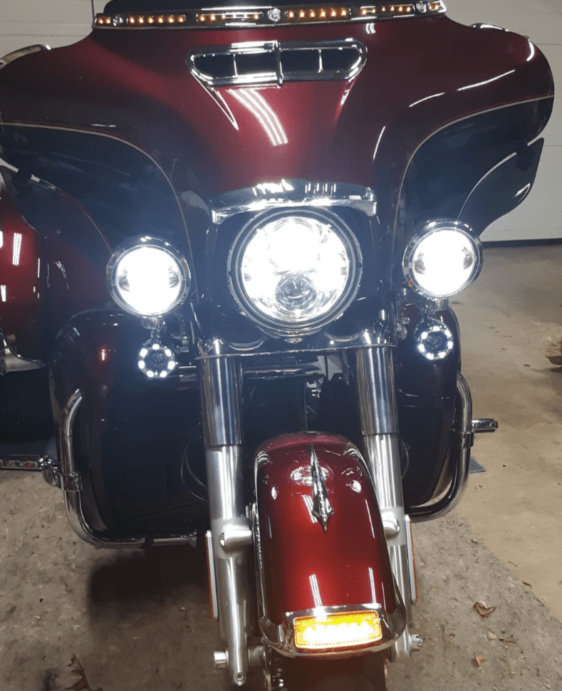 Eagle Lights 2” Infinity Beam Front LED Turn Signals with Integrated Trim Rings and White Halo Running Lights for Harley Davidson Motorcycles