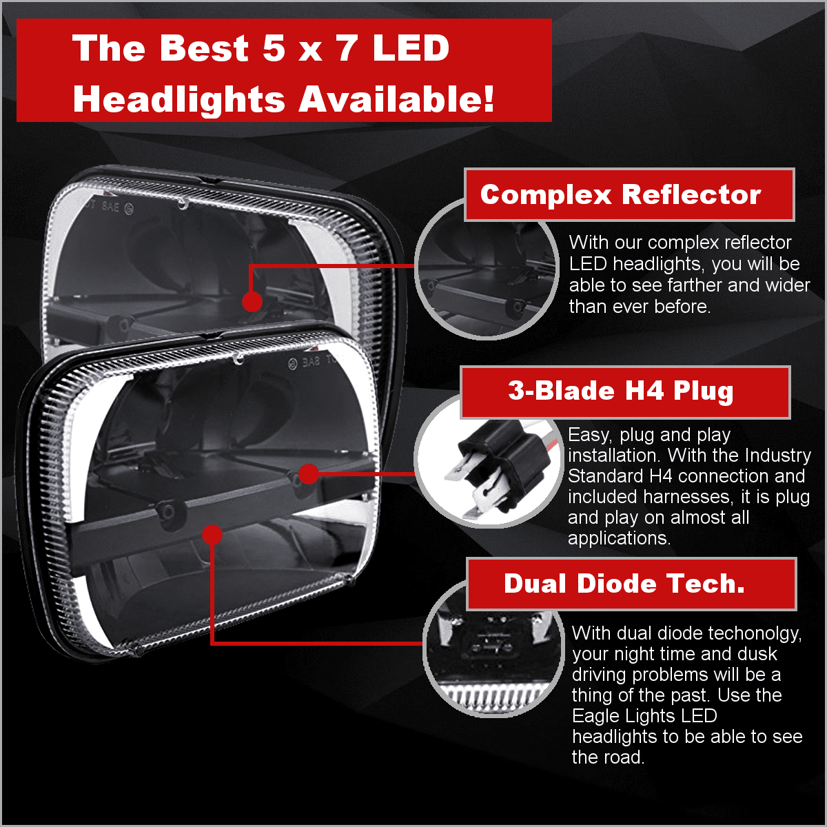 5 X 7 LED Headlights - Eagle Lights Complex Reflector 5 X 7 LED Headlight
