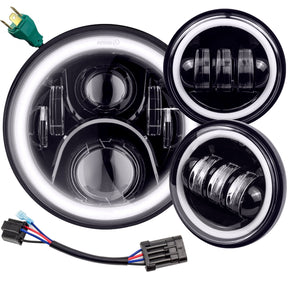 Eagle Lights 7" LED Headlight and 4.5" LED Passing Light Kit with Halo Rings for Harley and Indian Motorcycles - Generation II / Black / Halo Ring