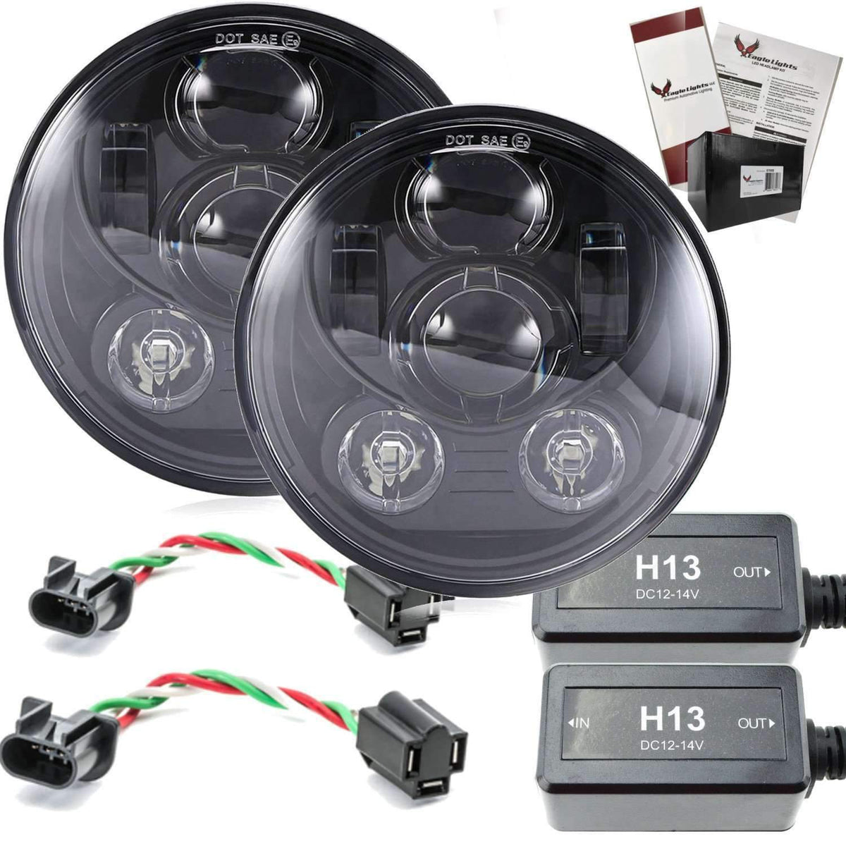 7” LED Headlight Kits - Eagle Lights 7" Round LED Generation III - Black - Jeep Wrangler - Double Pack