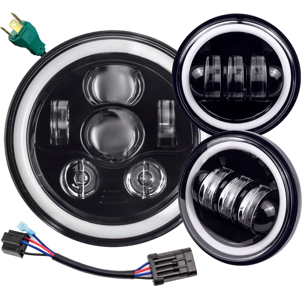 Eagle Lights 7" LED Headlight and 4.5" LED Passing Light Kit with Halo Rings for Harley & Indian Motorcycles - Generation III / Black / Halo Ring