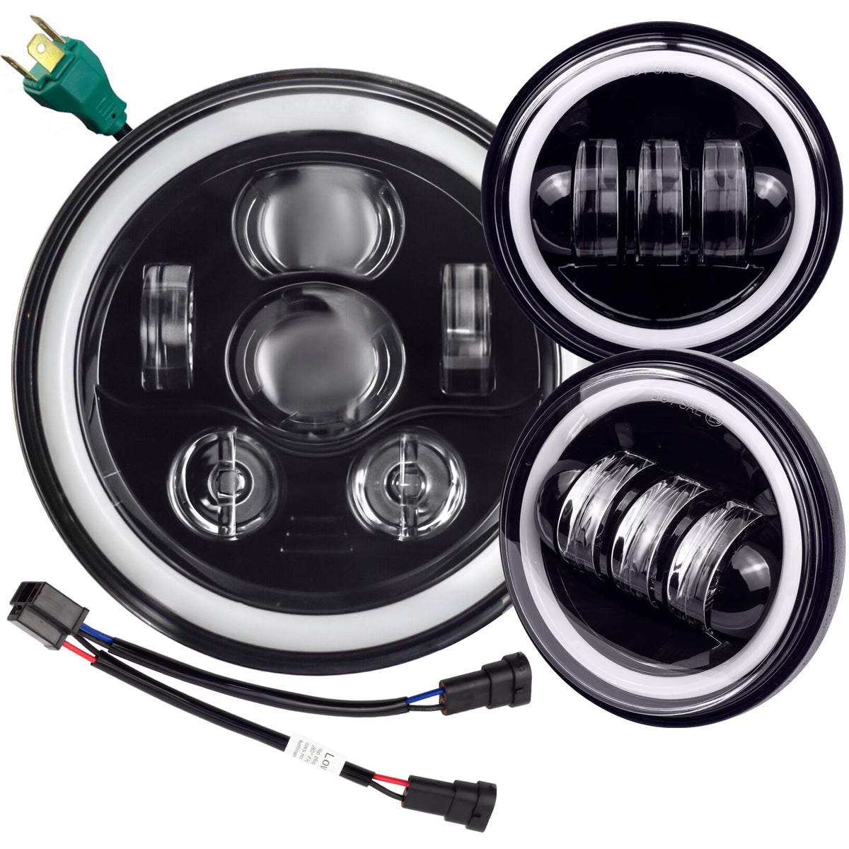 Eagle Lights 7" LED Headlight and 4.5" LED Passing Light Kit with Halo Rings for Harley & Indian Motorcycles - Generation III / Black / Halo Ring