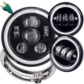 Eagle Lights 7" LED Headlight and 4.5" LED Passing Light Kit with Halo Rings for Harley & Indian Motorcycles - Generation III / Black / Halo Ring