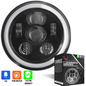 Eagle Lights 7" LED Headlight Kit with Halo Ring for Harley Davidson and Indian Motorcycles - Generation III / Black