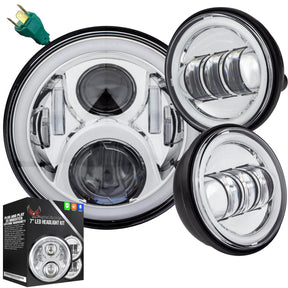 Eagle Lights 7" LED Headlight and 4.5" LED Passing Light Kit with Halo Rings for Harley & Indian Motorcycles - Generation II / Chrome / Halo Ring
