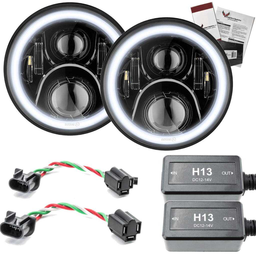 7” Halo LED Headlight Kits - Eagle Lights 7" Round LED Projection Headlight Generation II- Black - Halo Ring - Jeep Wrangler