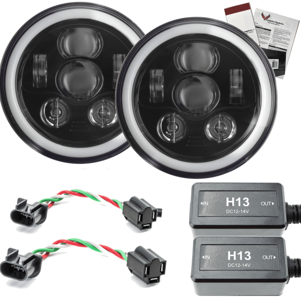 Eagle Lights 7" Round LED Projection Headlight Generation III- Black - Halo Ring - Jeep Wrangler