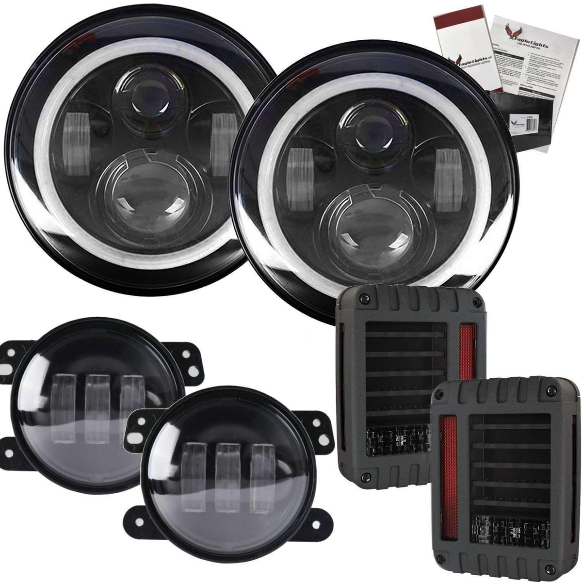 7” Halo LED Headlight Kits - Eagle Lights 7" LED Headlight Kit For Jeeps With White LED Halo Rings - Double Pack*