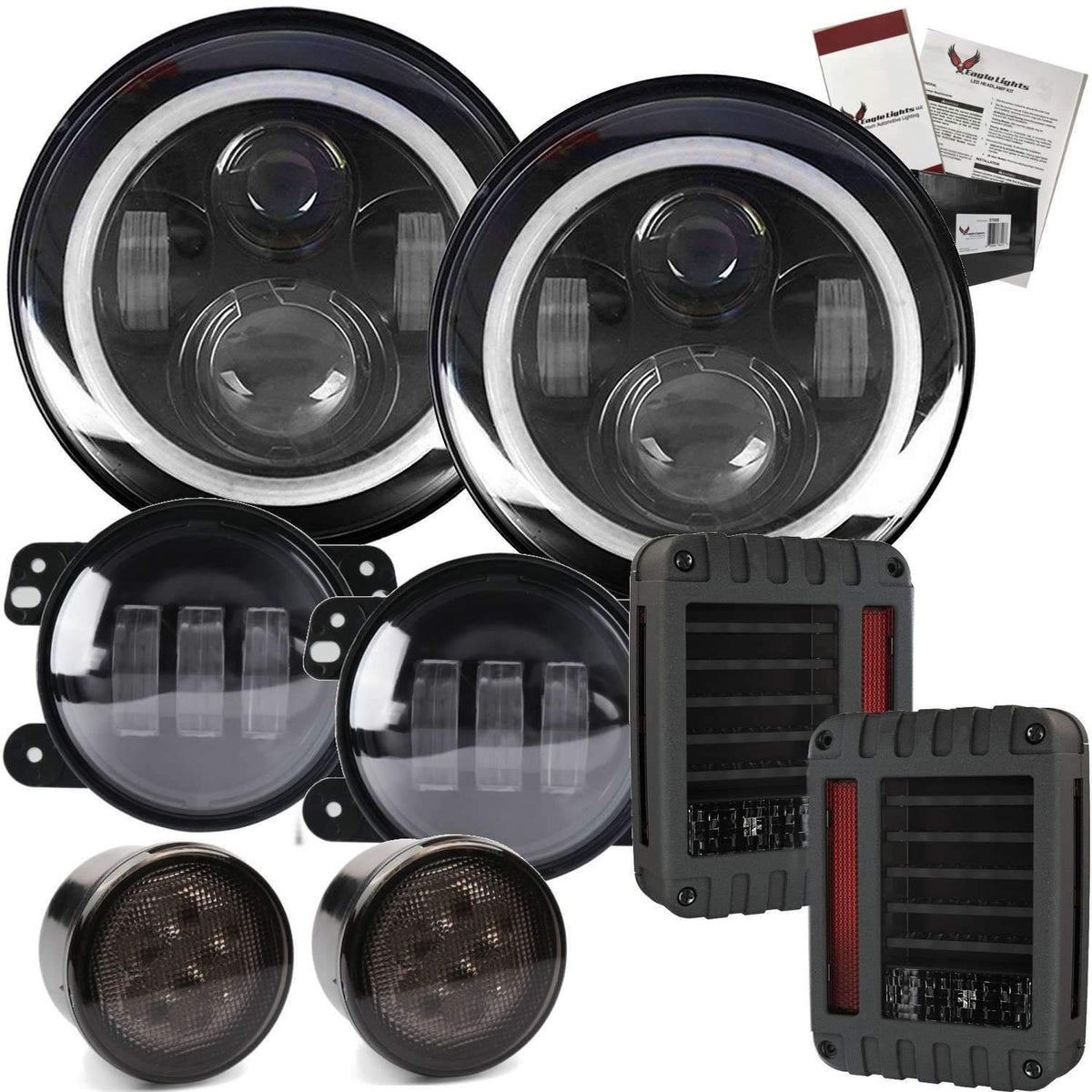 7” Halo LED Headlight Kits - Eagle Lights 7" LED Headlight Kit For Jeeps With White LED Halo Rings - Double Pack*