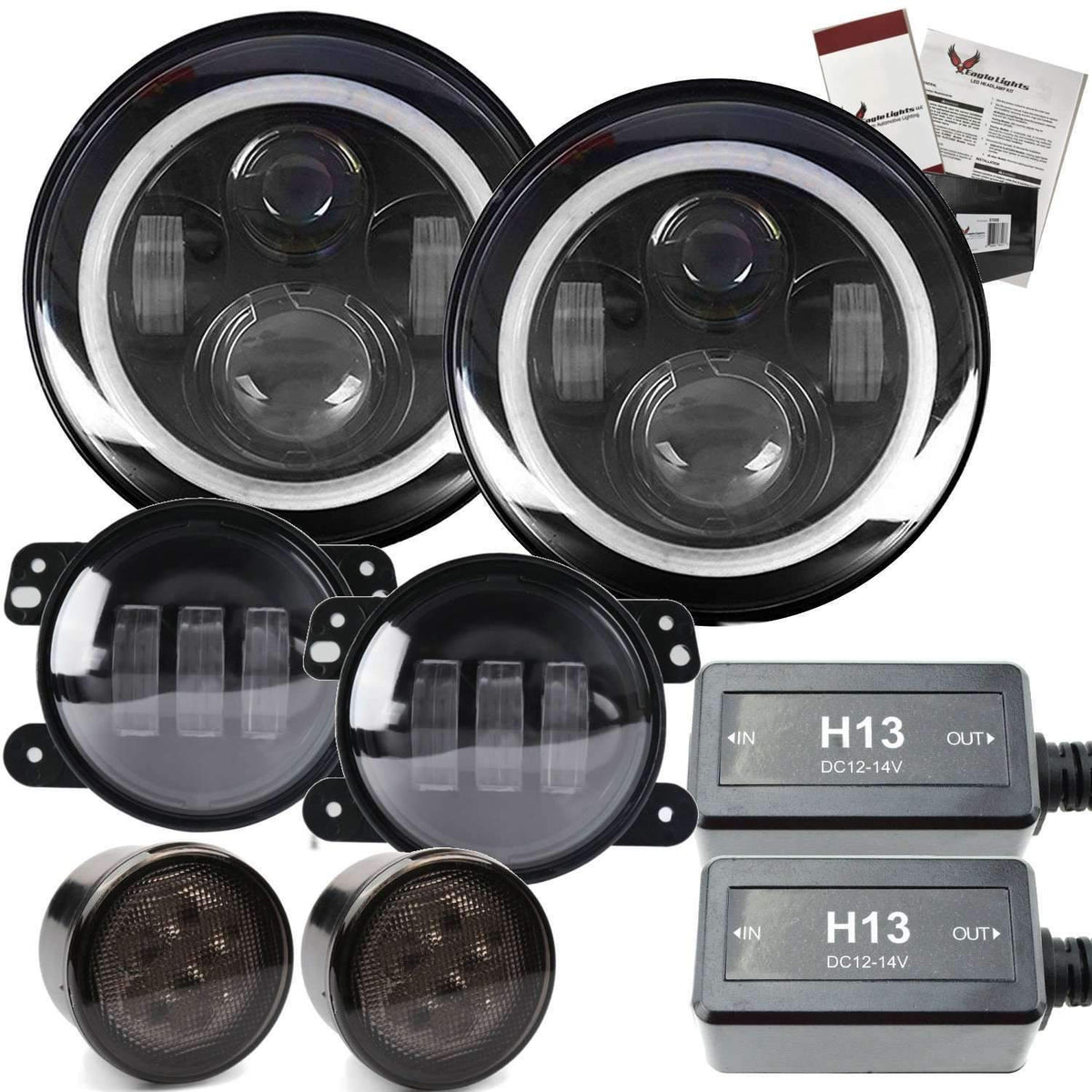 7” Halo LED Headlight Kits - Eagle Lights 7" LED Headlight Kit For Jeeps With White LED Halo Rings - Double Pack*