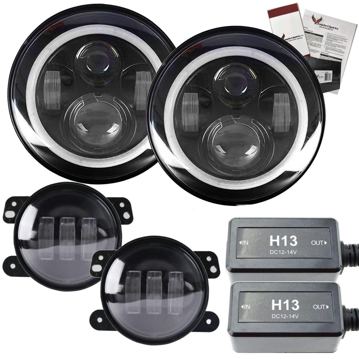 7” Halo LED Headlight Kits - Eagle Lights 7" LED Headlight Kit For Jeeps With White LED Halo Rings - Double Pack*