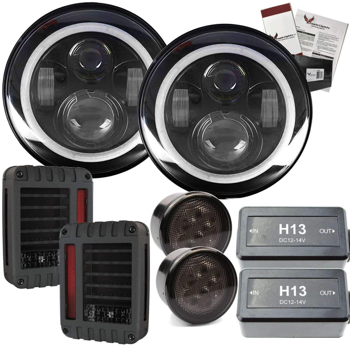 7” Halo LED Headlight Kits - Eagle Lights 7" LED Headlight Kit For Jeeps With White LED Halo Rings - Double Pack*