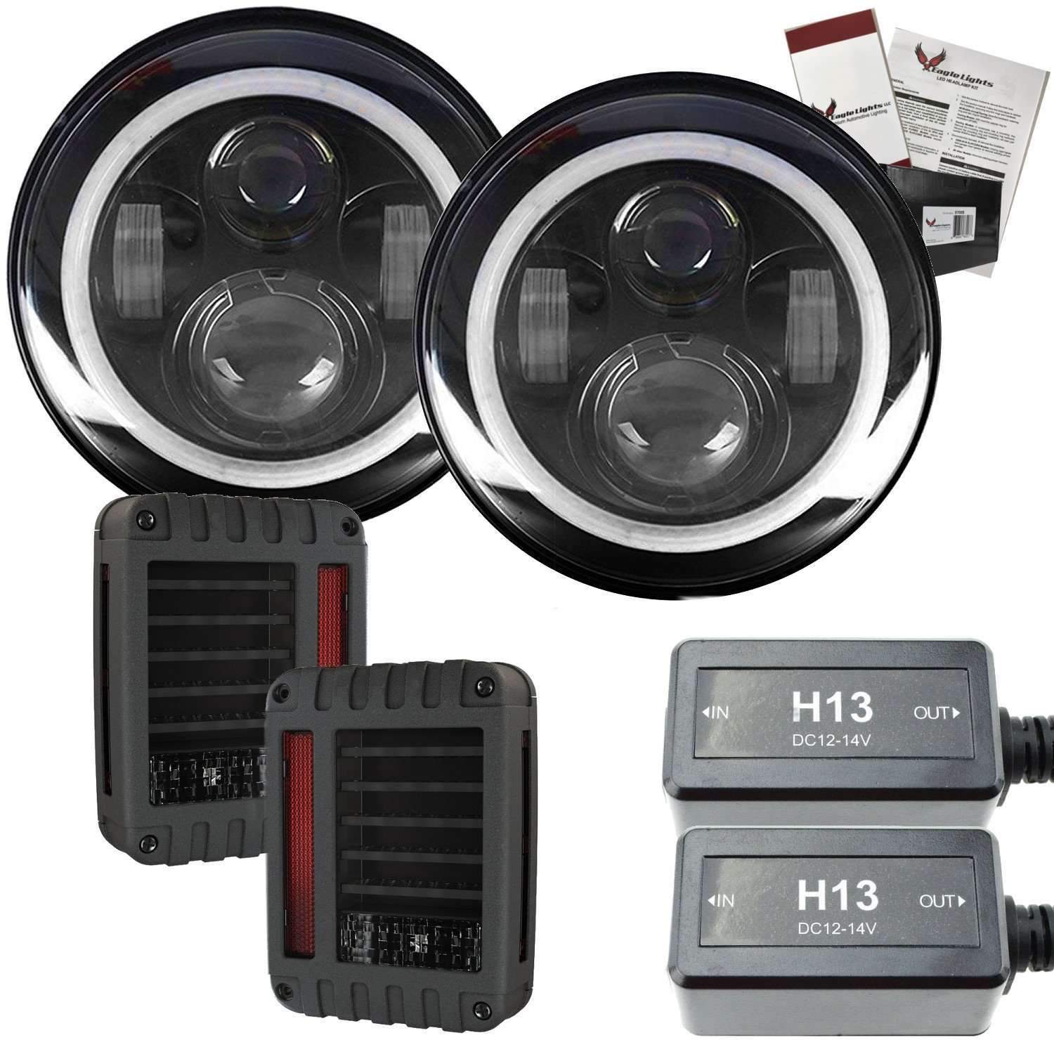 7” Halo LED Headlight Kits - Eagle Lights 7" LED Headlight Kit For Jeeps With White LED Halo Rings - Double Pack*