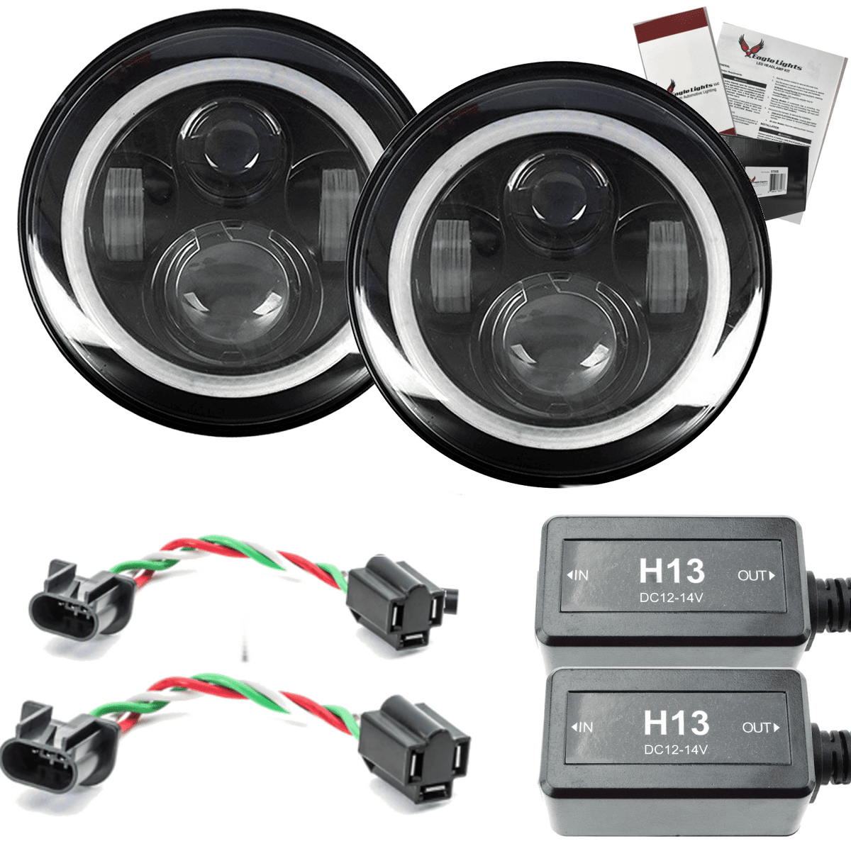 7” Halo LED Headlight Kits - Eagle Lights 7" LED Headlight Kit For Jeeps With White LED Halo Rings - Double Pack*