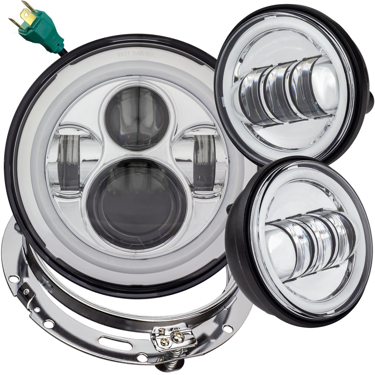 Eagle Lights 7" LED Headlight and 4.5" LED Passing Light Kit with Halo Rings for Harley Davidson and Indian Motorcycles - Generation I / Chrome
