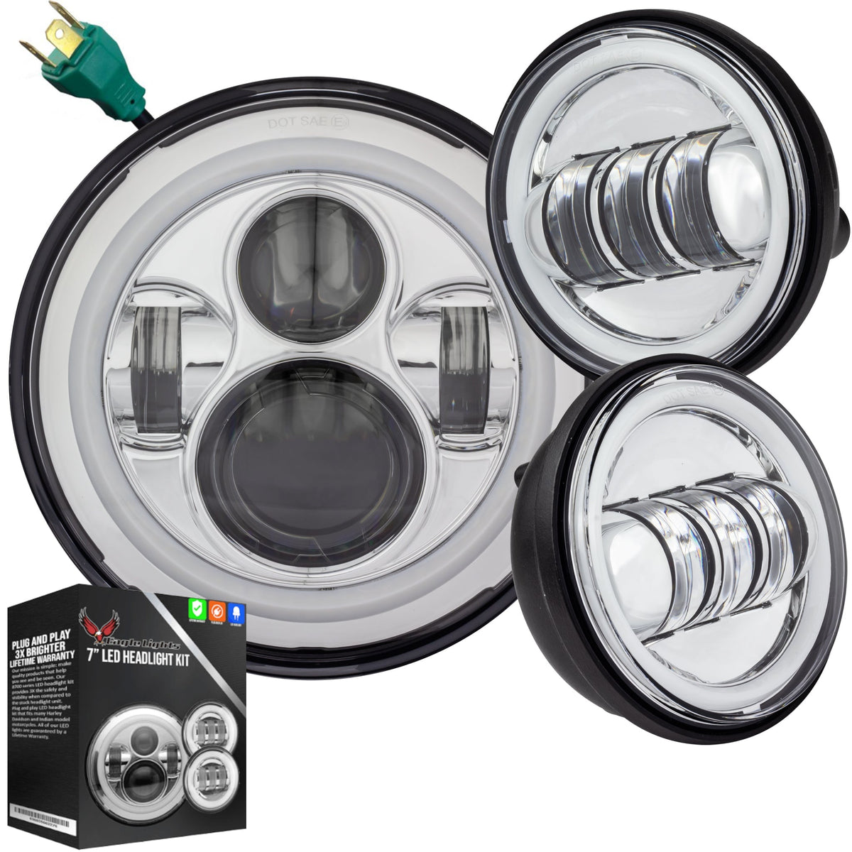 Eagle Lights 7" LED Headlight and 4.5" LED Passing Light Kit with Halo Rings for Harley Davidson and Indian Motorcycles - Generation I / Chrome