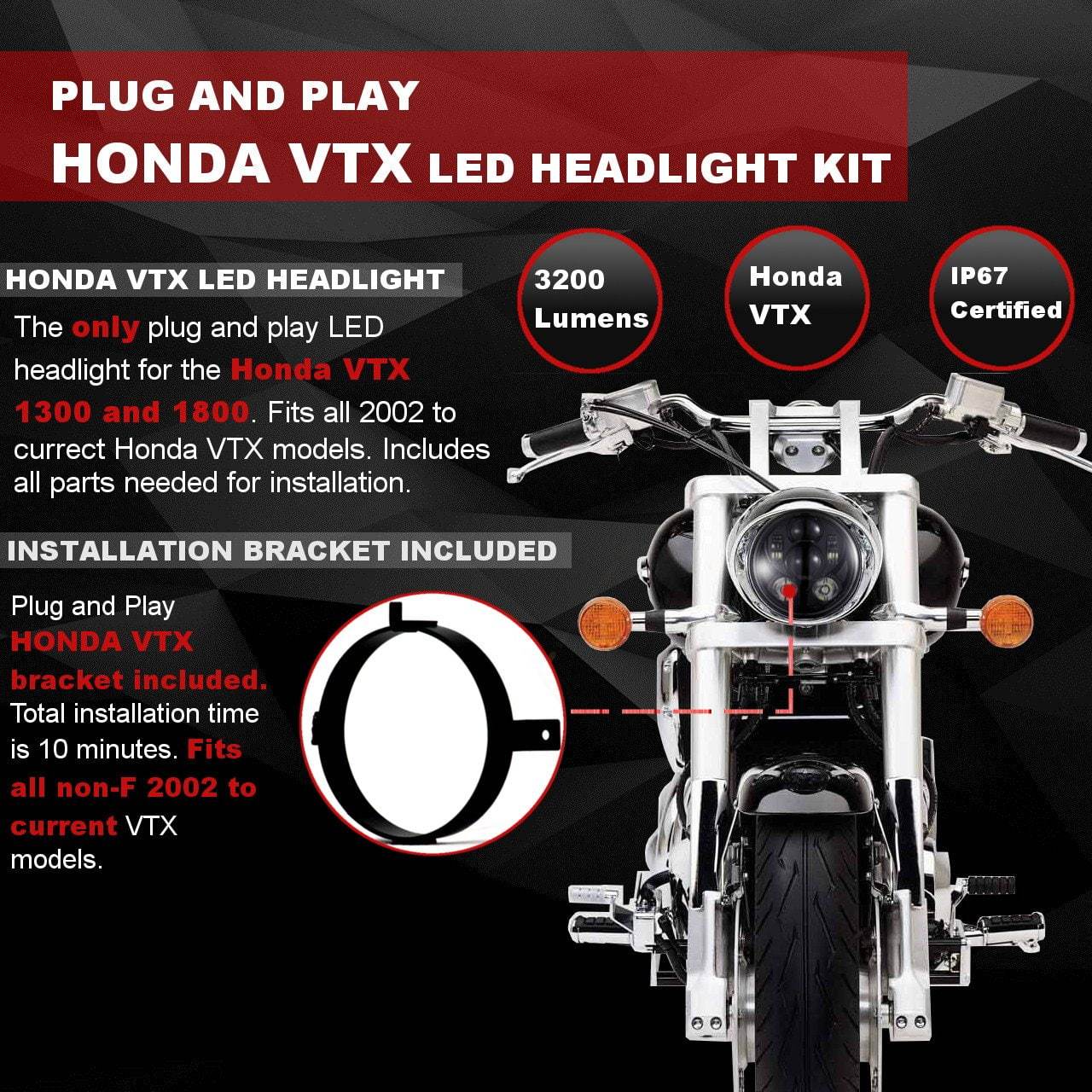 Honda VTX LED Headlights - Eagle Lights Generation III LED Headlight For Honda VTX 1300 And 1800 - Includes VTX Bracket And Hardware