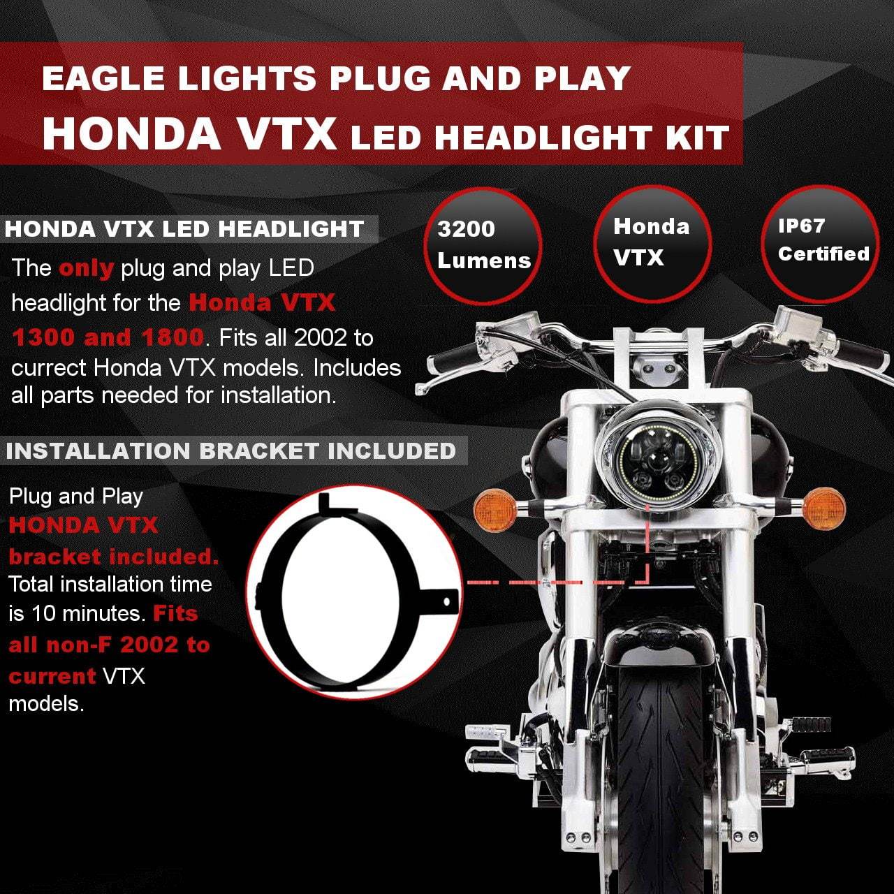 Honda VTX LED Headlights - Eagle Lights Generation III LED Headlight With Halo Ring For Honda VTX - Includes VTX Bracket And Hardware