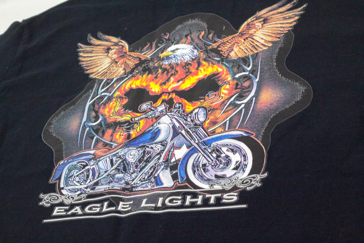 Eagle Lights T-Shirt with Flaming Skull and Eagle Graphic