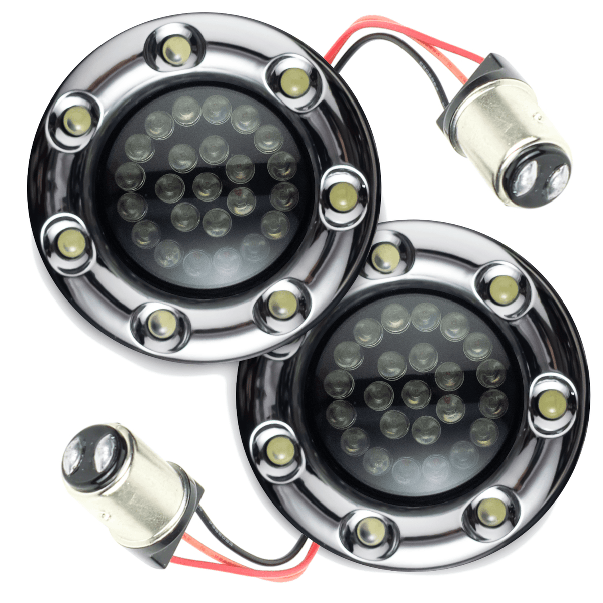 Eagle Lights Infinity Beam 2” Rear LED Turn Signals w/ Running and Brake Lights LED Ring Covers for Harley Davidson - Rear 1157 / Red LEDs