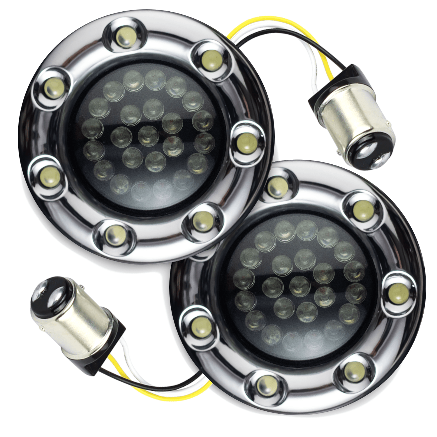 Eagle Lights 2” Infinity Beam Front LED Turn Signals with Integrated Trim Rings and White Halo Running Lights for Harley Davidson Motorcycles
